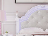 Close-up of LED lighting in purple on headboard