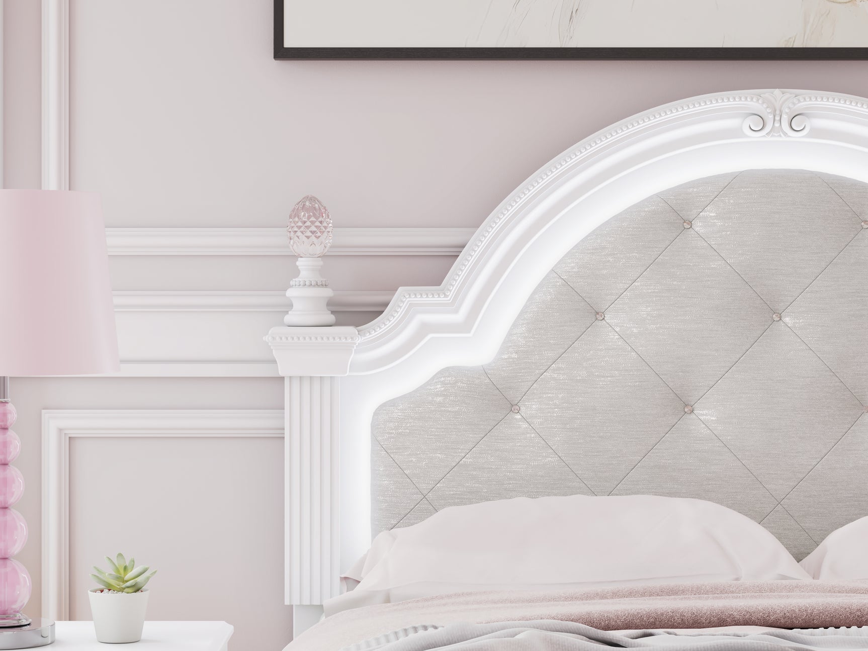 Close-up of LED lighting in white on headboard