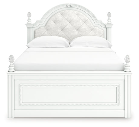 Close-up front view of Kozlani upholstered headboard with beading and ball tops