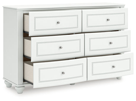 Kozlani White Dresser open drawer showing faux linen interior