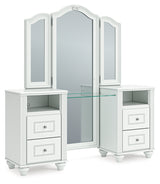 Vanity side angle showing bun feet and drawers