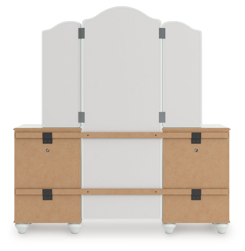 Top view of vanity cabinets and mirror