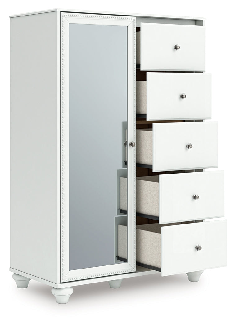 Open mirrored cabinet door with adjustable shelves