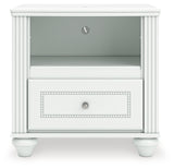 Head-on view of Kozlani White Nightstand showing crystal knob