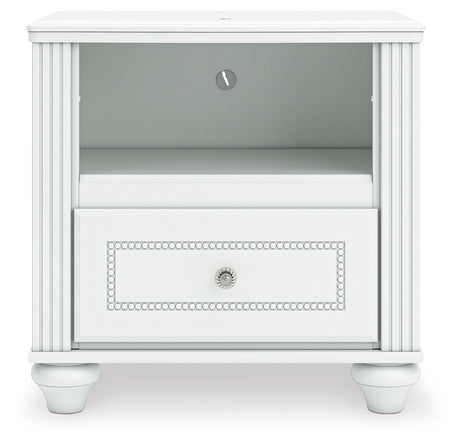 Head-on view of Kozlani White Nightstand showing crystal knob