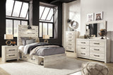 Cambeck Whitewash Twin Panel Bed with storage drawers open
