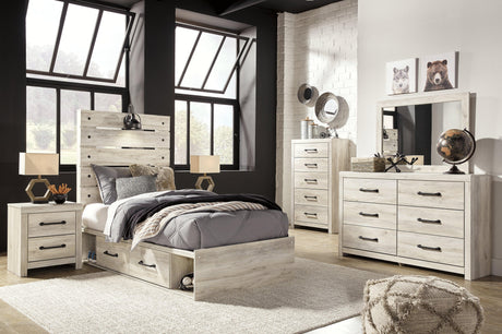 Cambeck Whitewash Twin Panel Bed with storage drawers open