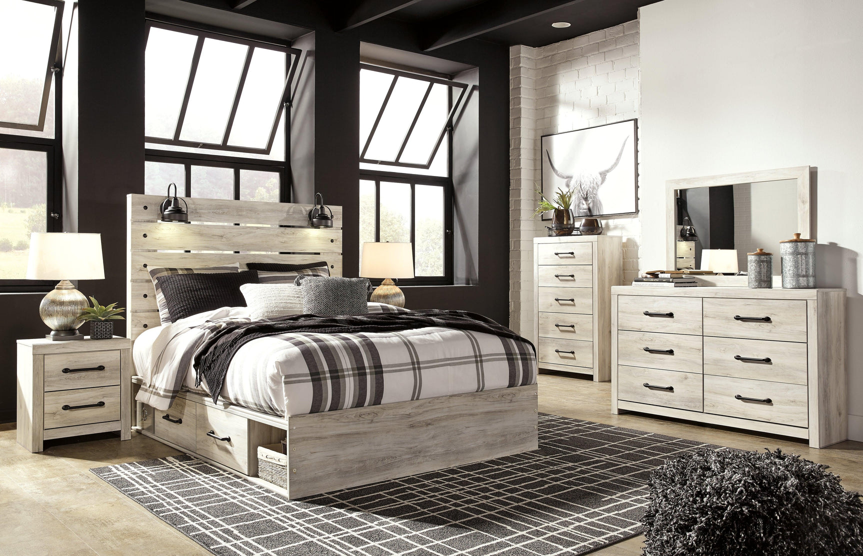 Cambeck queen panel bed with storage drawers opened showing interior space