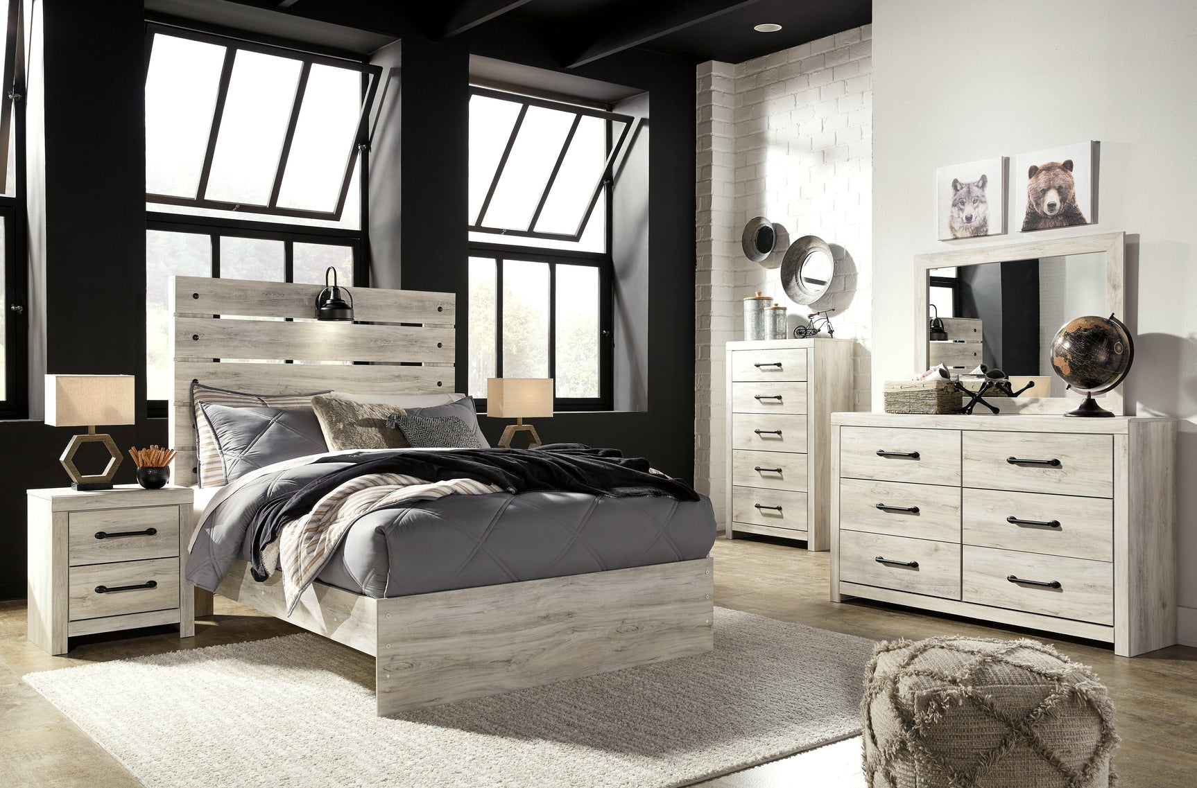 Cambeck Whitewash Full Panel Bed - staged bedroom scene with full bed