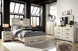 Cambeck whitewash full panel bed with storage drawers and hardware detail