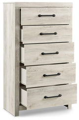 Open drawers showing storage space and faux linen laminates