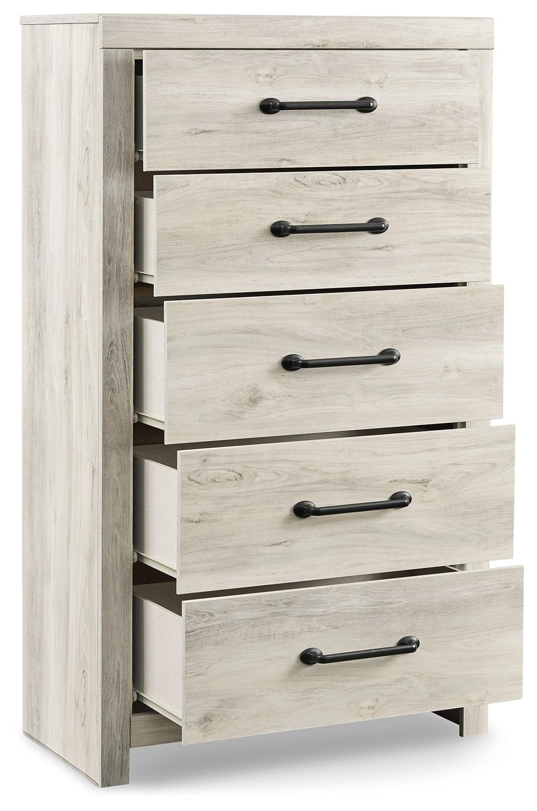 Open drawers showing storage space and faux linen laminates