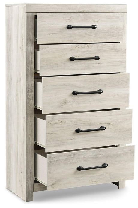 Open drawers showing storage space and faux linen laminates