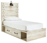 Side view of Cambeck twin panel bed with two storage drawers open