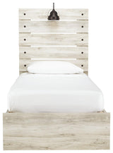 Detail of headboard with LED sconce light and USB charging ports