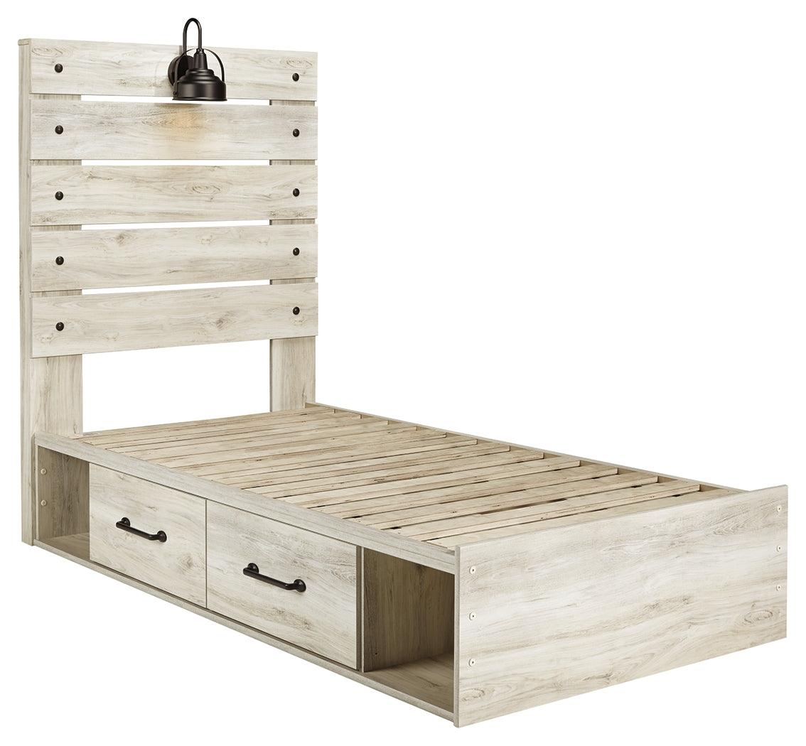Close-up of the whitewash oak grain finish on Cambeck twin bed