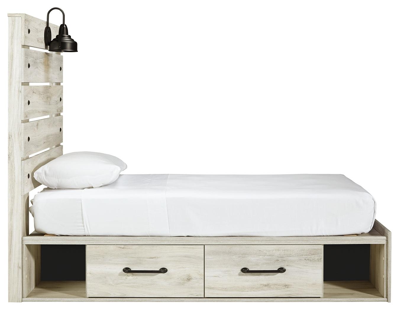Side-angle showing the dark industrial hardware on Cambeck bed