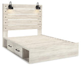 Whitewash queen panel bed headboard with LED sconce lights and USB ports