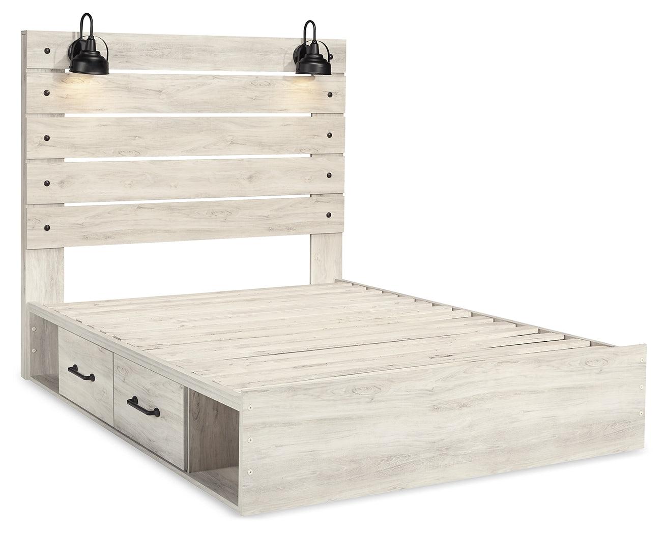 Whitewash queen panel bed headboard with LED sconce lights and USB ports