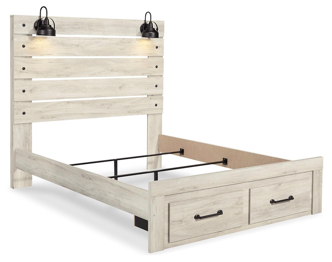 Full side view of queen panel bed with whitewash finish
