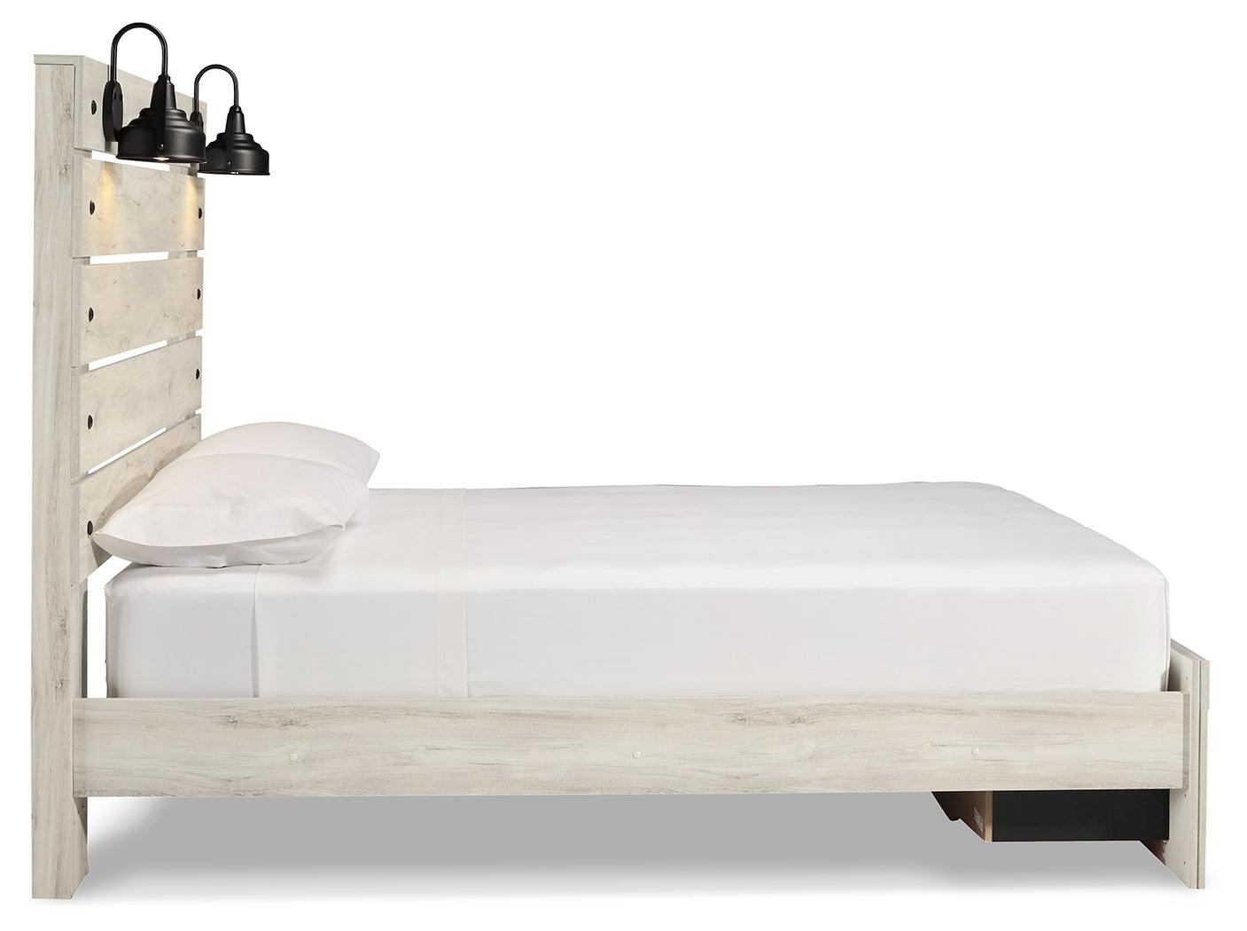 Side profile of Cambeck Queen Panel Bed with storage drawers