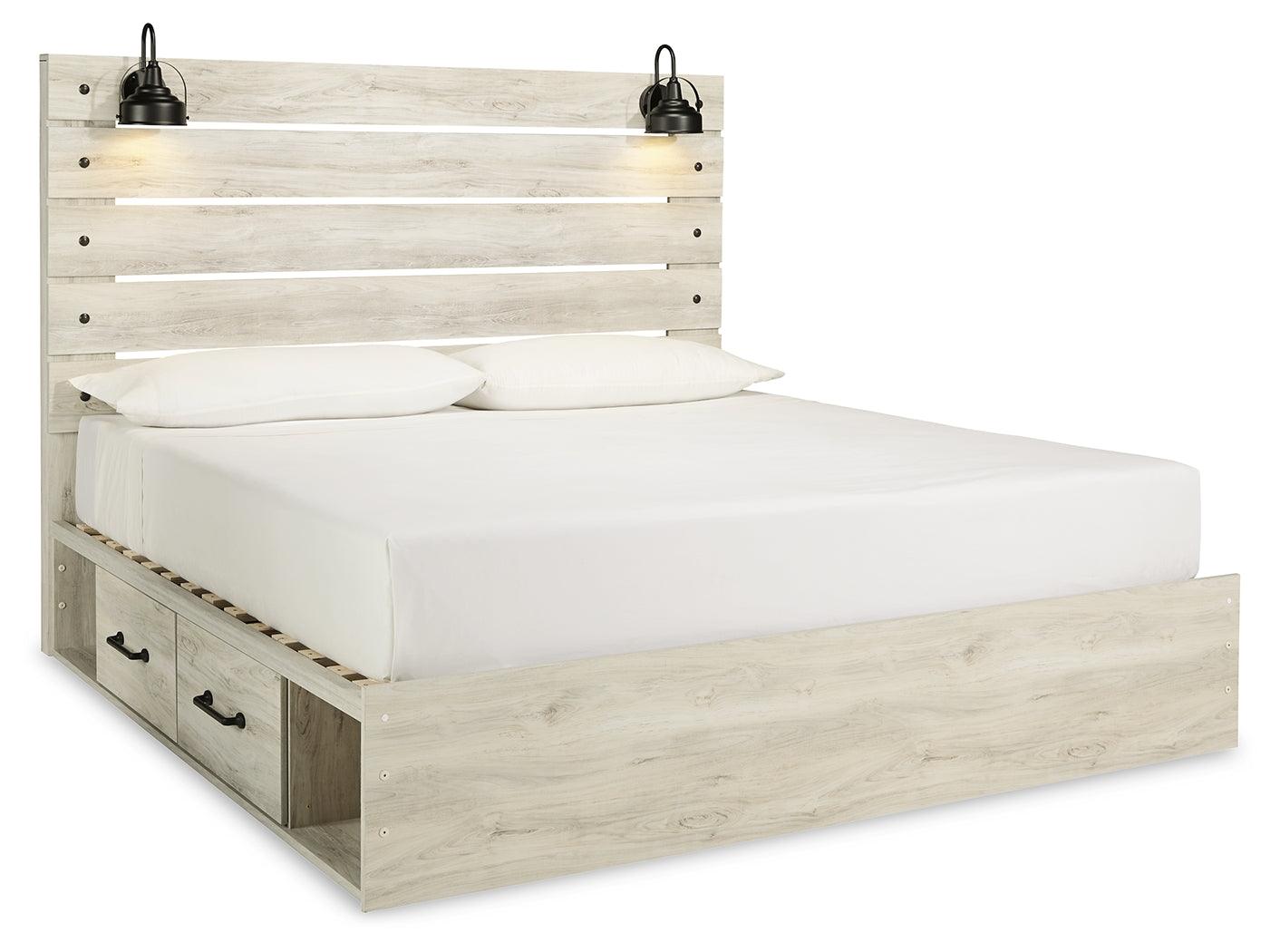 Cambeck whitewash king bed angled front showing headboard and LED sconces