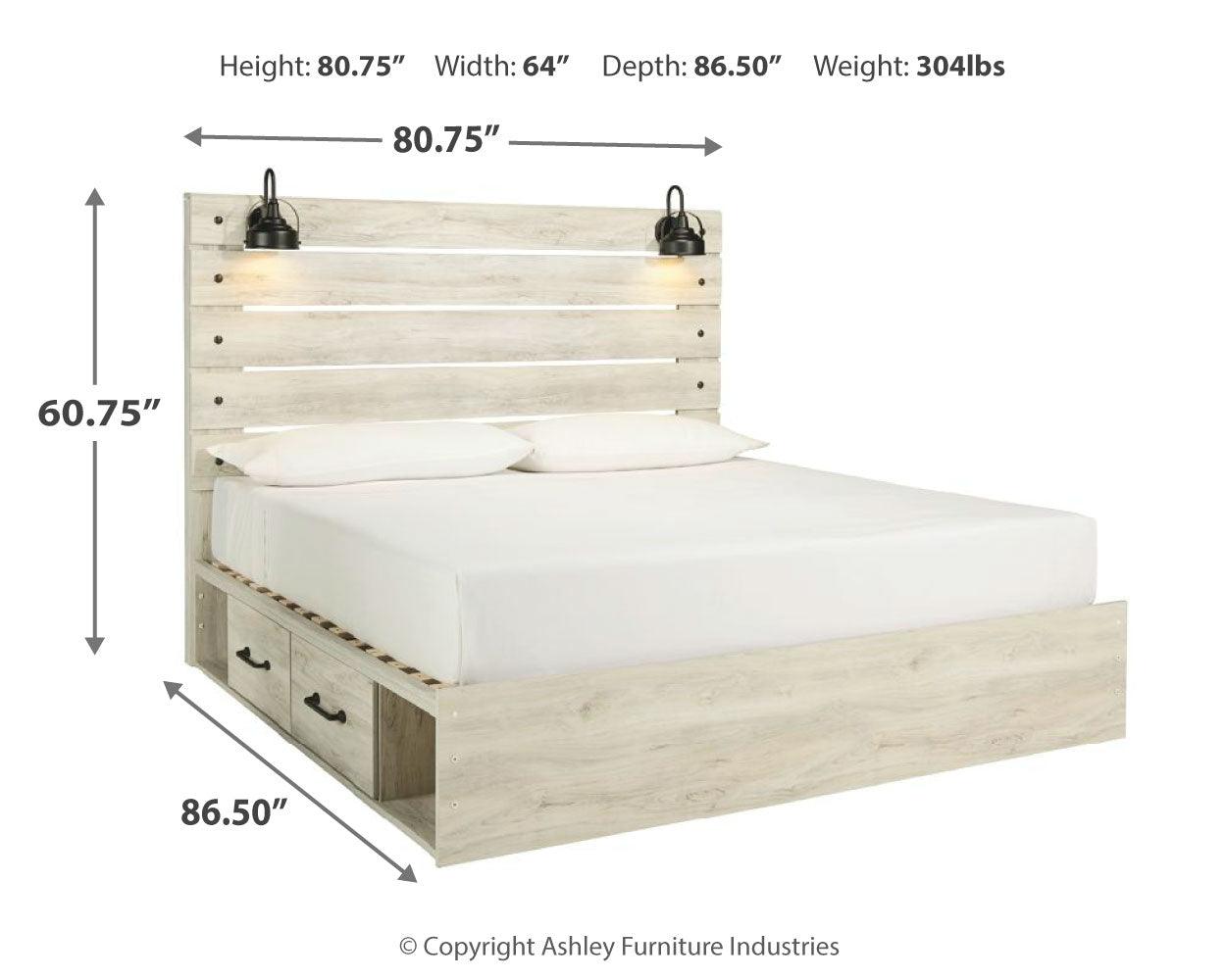 Bed dimensions diagram showing width, depth, and height for Cambeck king bed
