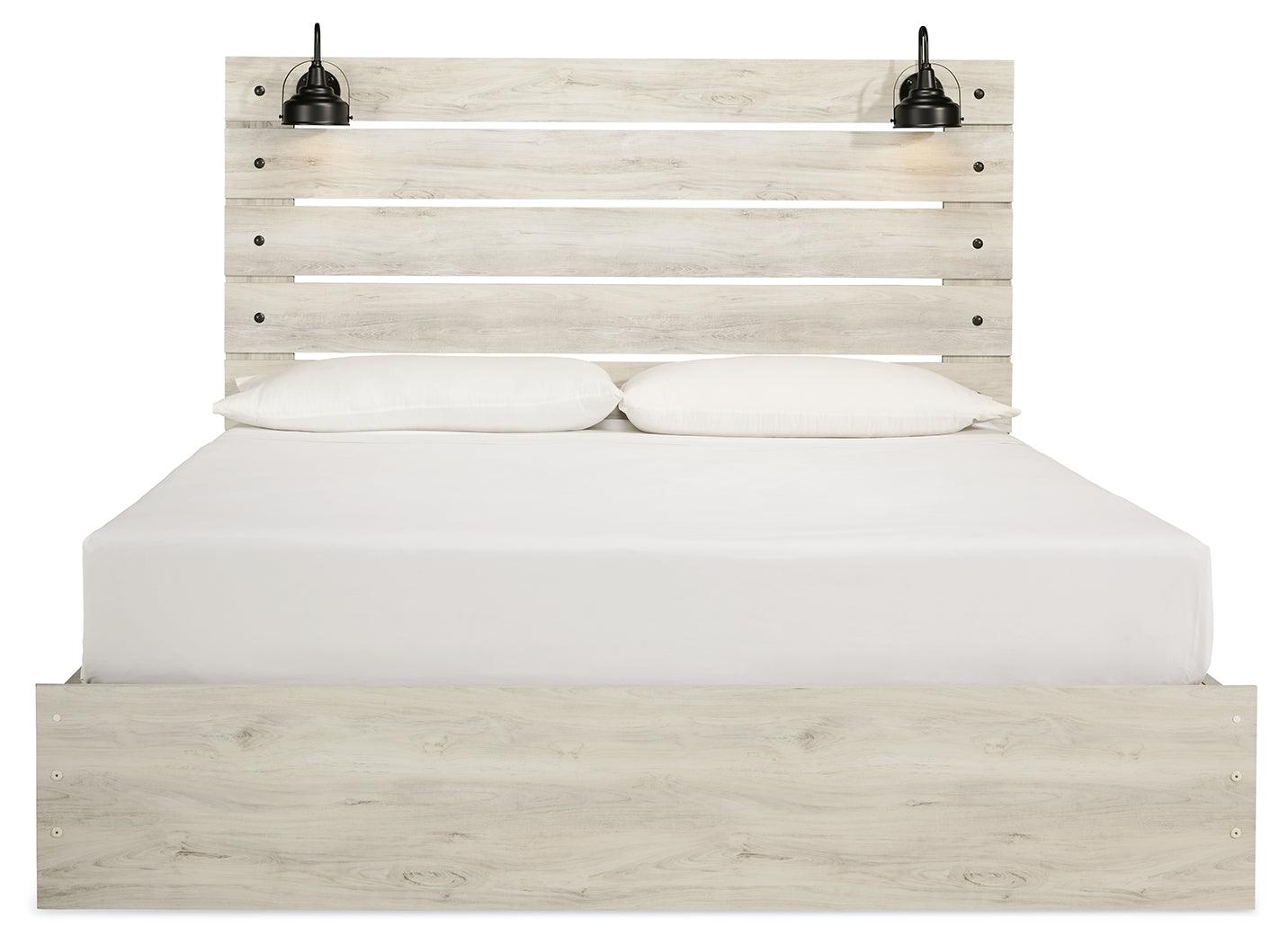 Head-on view of Cambeck whitewash king panel bed