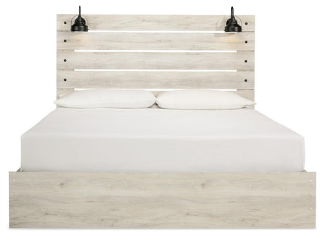 Head-on view of Cambeck whitewash king panel bed