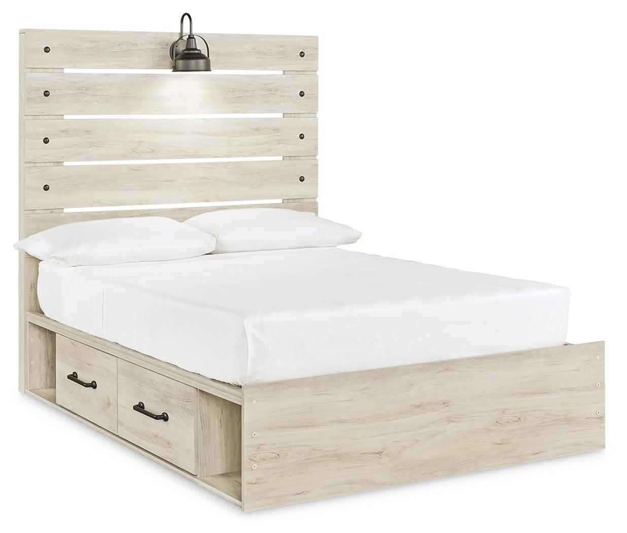 Angled view showing headboard and drawers of Cambeck whitewash bed