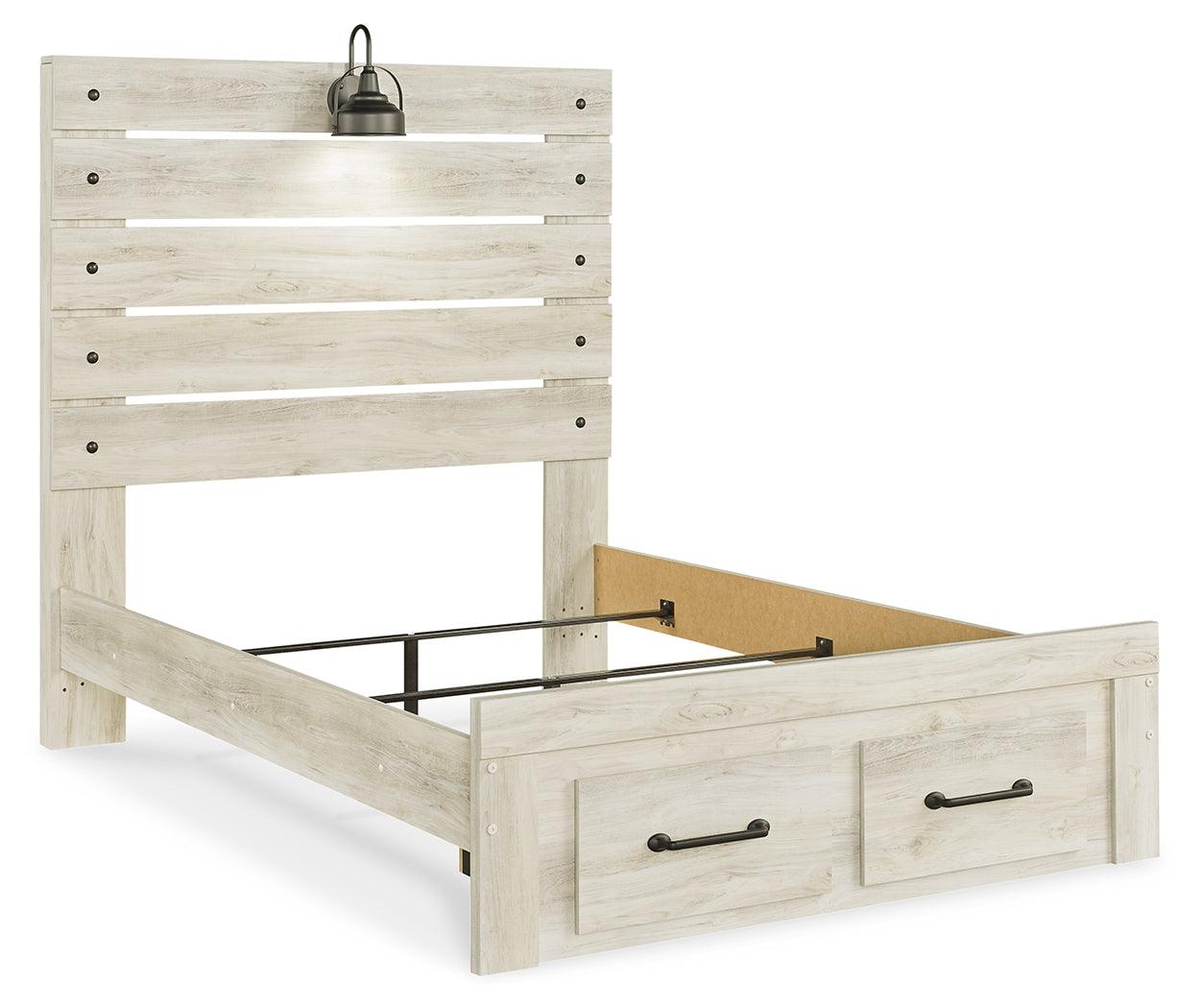 Cambeck bed headboard close-up with open slat design and sconce light