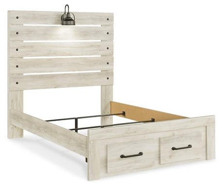 Cambeck bed headboard close-up with open slat design and sconce light