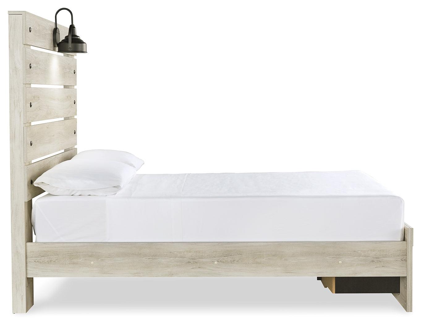 Side view of Cambeck full size whitewash bed with open slat headboard