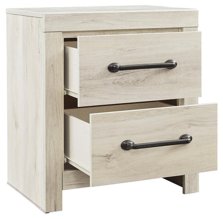 Cambeck Whitewash Nightstand with drawers open showing storage