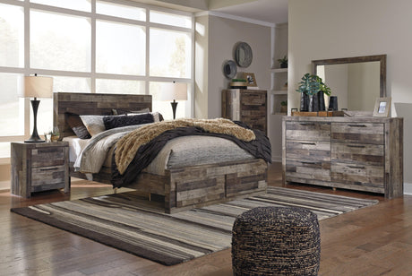 Top angle view of queen bed with storage drawers