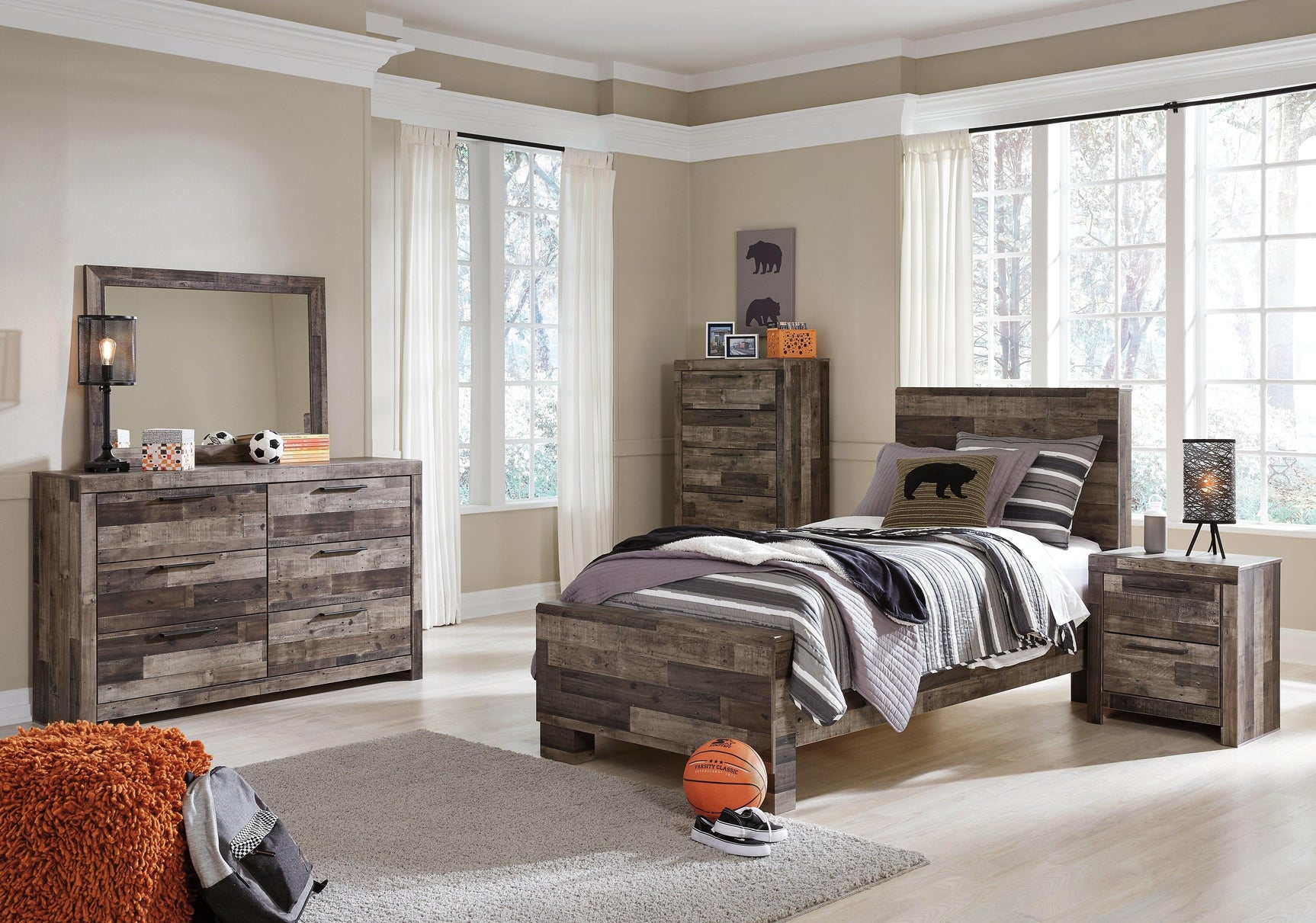 Side view of Derekson Twin Panel Bed with drawers