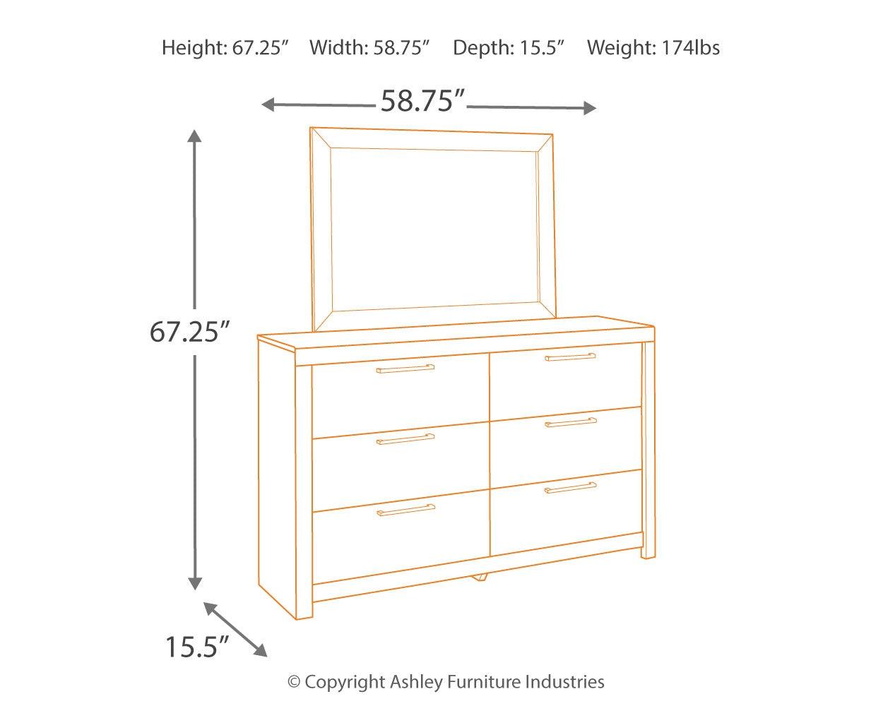 Dimension diagram for Derekson dresser and mirror
