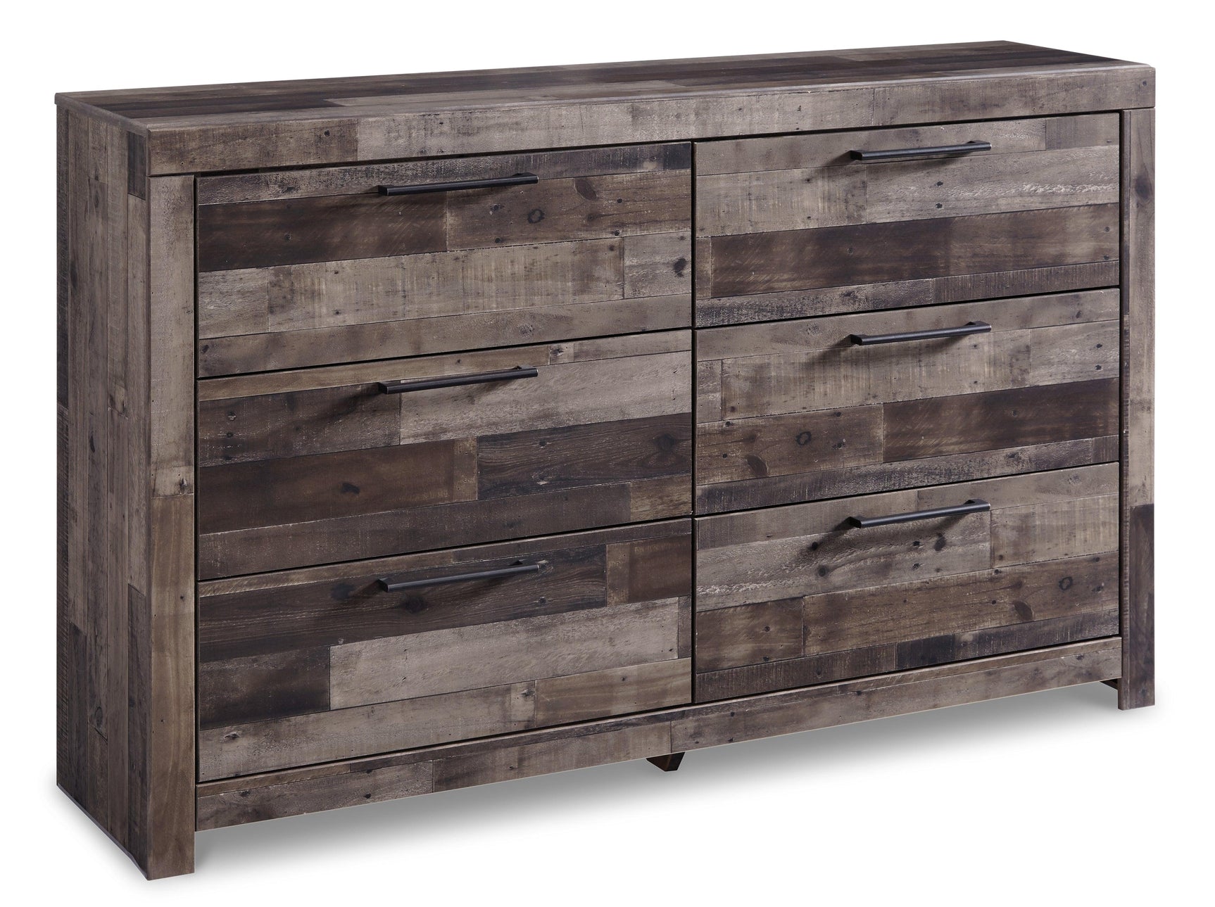 Side angle of Derekson Multi Gray Dresser showing wood grain finish