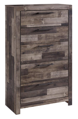 Rustic butcher block finish on Derekson Chest of Drawers