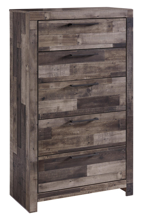 Rustic butcher block finish on Derekson Chest of Drawers