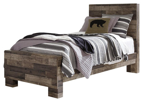 Derekson Twin Panel Bed showing storage drawers open