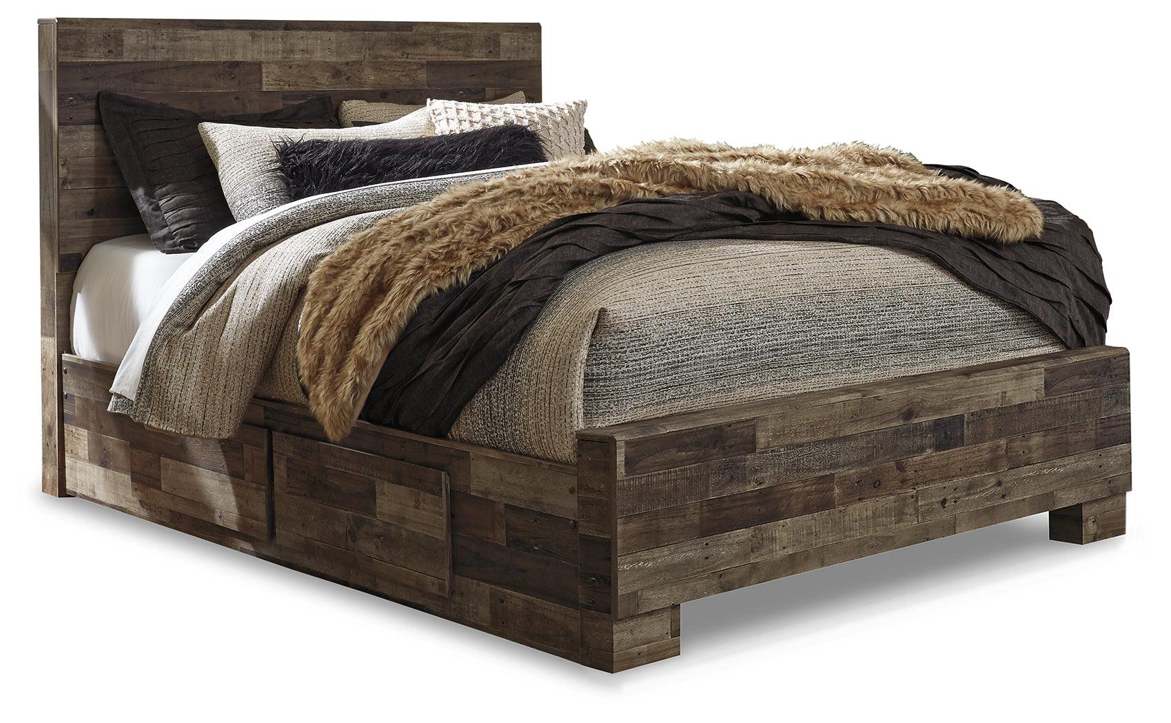 Derekson Multi Gray Queen Panel Bed with storage drawers front angle