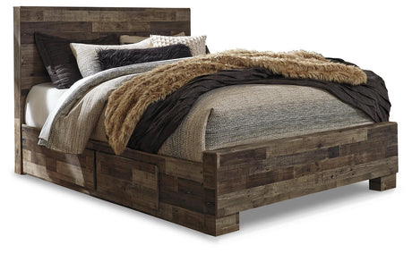 Derekson Multi Gray Queen Panel Bed with 2 storage drawers side angle