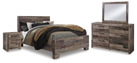 Derekson Multi Gray Panel Bedroom Set — Queen / 4: Bed, Dresser, Mirror, Nightstand