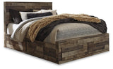 Derekson Queen Panel Bed side view showing rustic finish and drawers