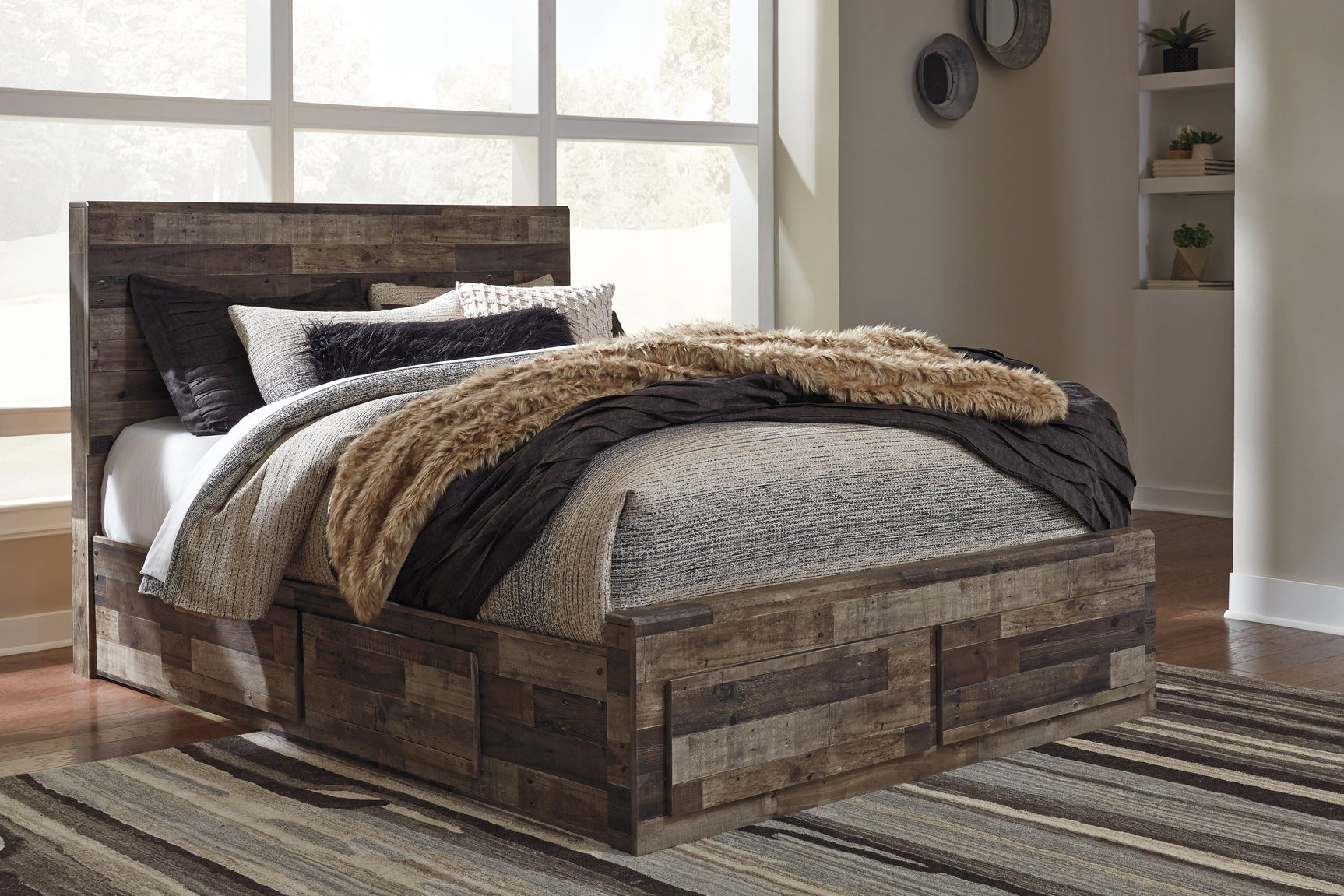 Rustic multi gray finish close-up on Derekson Queen Bed