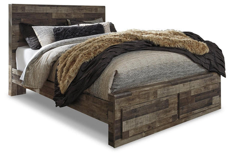 Close-up of rustic butcher block finish on Derekson bed footboard