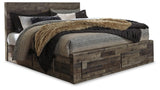 Derekson king panel bed side view showing storage drawers