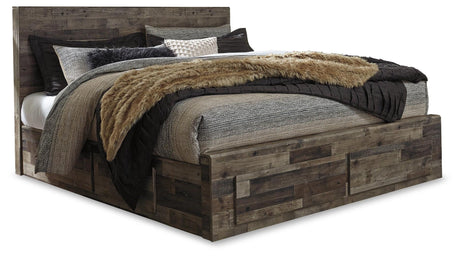 Derekson king panel bed side view showing storage drawers