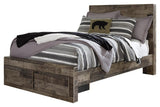Side angle of Derekson Multi Gray Full Panel Bed showing rustic finish